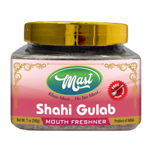 A 180gm bottle of Shahi Gulab Mouth Freshener surrounded by fragrant rose petals and spices.